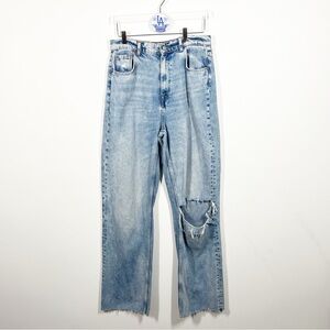 Zara Women's Size 10 Light Blue Wash Distressed Open at Knee Straight Leg Jeans